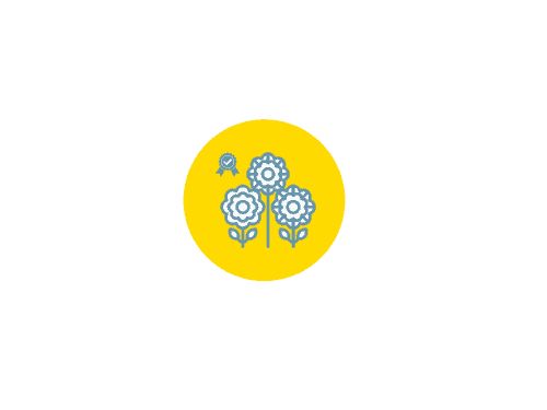 Icon of three stylized flowers with a blue ribbon on a bright yellow background, symbolizing quality and achievement in gardening or floral design.