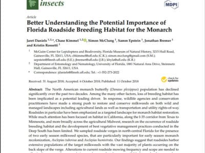 Image of a research article titled "Better Understanding the Potential Importance of Florida Roadside Breeding Habitat for the Monarch," published in the journal Insects. The article discusses the decline of the North American monarch butterfly population and emphasizes the significance of roadside habitats for conservation efforts. It includes author names, affiliations, and publication details.