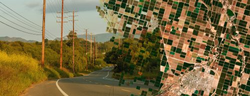 A scenic view of a winding road bordered by lush greenery and utility poles, juxtaposed with an aerial map showing agricultural fields and patches of land in varying shades of green and brown, illustrating the contrast between natural landscapes and cultivated areas.