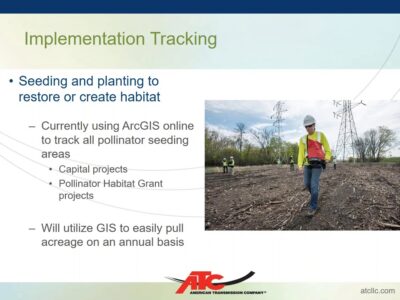 PowerPoint slides showing a worker in the field seeding with bullet points on Seeding and planting to restore or create habitat.