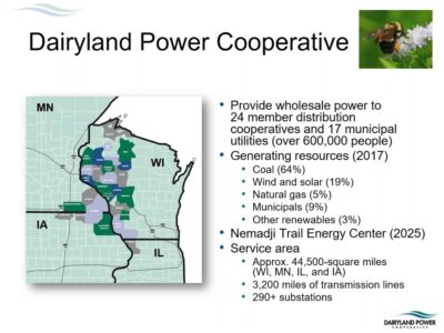 Dairyland Power Cooperative overview, highlighting its wholesale power distribution to 24 member cooperatives and 17 municipal utilities, serving over 600,000 people. The image includes a map of the service area across Wisconsin, Minnesota, Iowa, and Illinois, with data on energy generating resources from 2017, including coal (64%), wind and solar (19%), natural gas (5%), and other renewables (3%). It also mentions the planned Nemadji Trail Energy Center for 2025