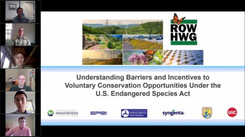 Virtual meeting screenshot featuring multiple participants discussing barriers and incentives for voluntary conservation under the U.S. Endangered Species Act. The presentation includes visuals of natural landscapes, wildlife, and renewable energy sources, along with logos from various organizations involved in environmental policy and conservation efforts.