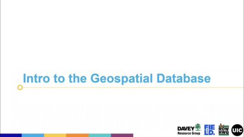 Introductory slide to a presentation on the Geospatial Database, featuring the title 