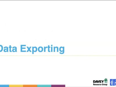 Title slide for a presentation on data exporting, featuring the words "Data Exporting" prominently in blue text against a white background, with logos of Davey Resource Group, Field, Row Hwg, and UIC at the bottom.