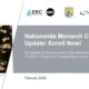 Alt text: A presentation slide titled "Nationwide Monarch CCAA Update: Enroll Now!" featuring an image of monarch butterflies clustering on branches, with logos of ERC, UIC, USFWS, and Cardno. The slide provides information on enrolling in the Nationwide Monarch CCAA for energy and transportation lands, dated February 2020.