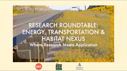 Image featuring a scenic view of a road bordered by wildflowers, with text overlay promoting a research roundtable on the nexus of energy, transportation, and habitat, organized by UIC and Southern Company. The event emphasizes the application of research in these interconnected fields.