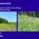 Image showcasing the National Grid Monarch CCAA Case Study Monitoring Plan from May 2022. The left side features a landscape with power lines and lush vegetation, while the right side highlights a close-up of a field with flowers and a butterfly, emphasizing biodiversity and environmental monitoring efforts.