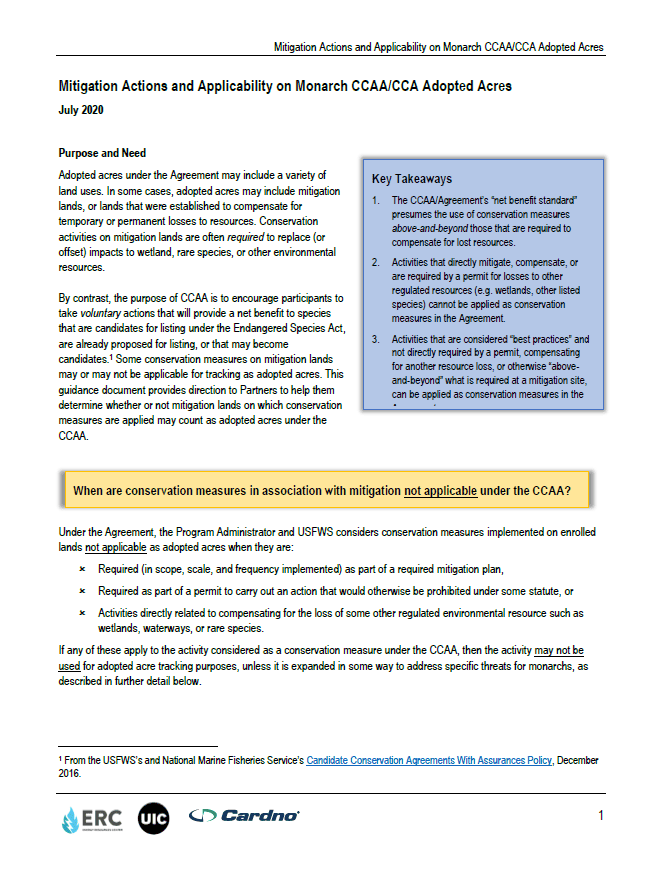 Thumbnail to Mitigation Actions and Applicability on Monarch CCAA/CCA Adopted Acres. Link opens in a new tab.